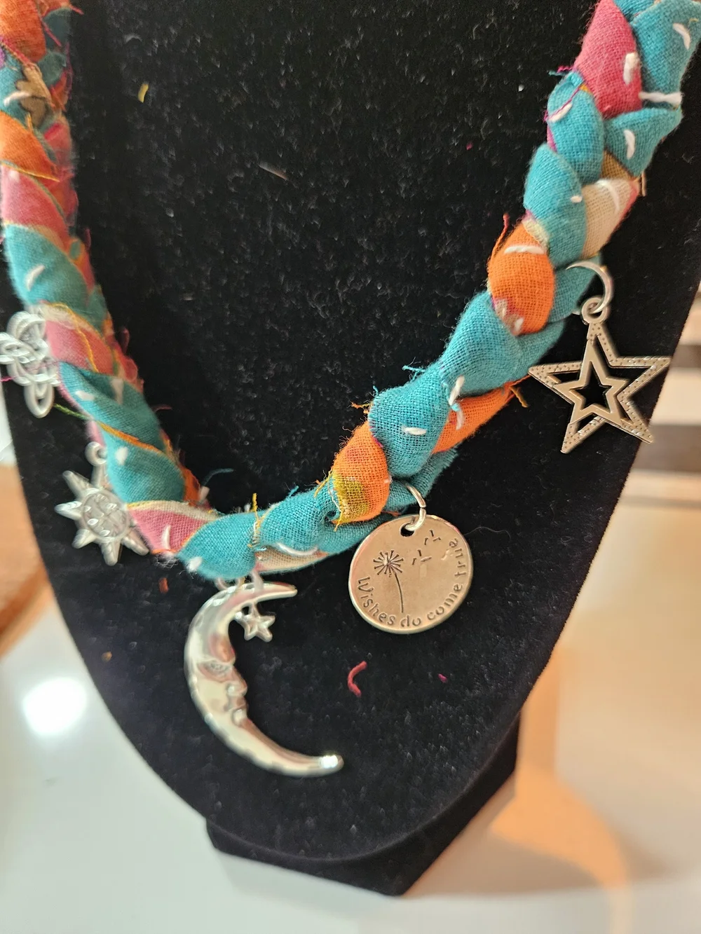 Boho Braided Kantha Moon Charm Necklace in Teal, Pink & Orange